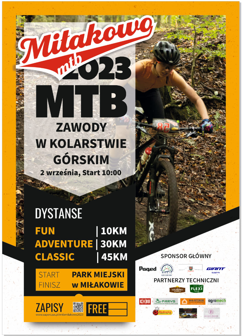 Plakat zapraszający w sobotę 2 września 2023 r. do Miłakowa na zawody w kolarstwie górskim MTB MIŁAKOWO Race 23 Miłakowo 2023.