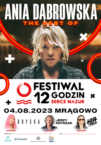 Plakat zapraszający do Mrągowa na Festiwal 12 Godzin Serce Mazur Mrągowo 2023.    