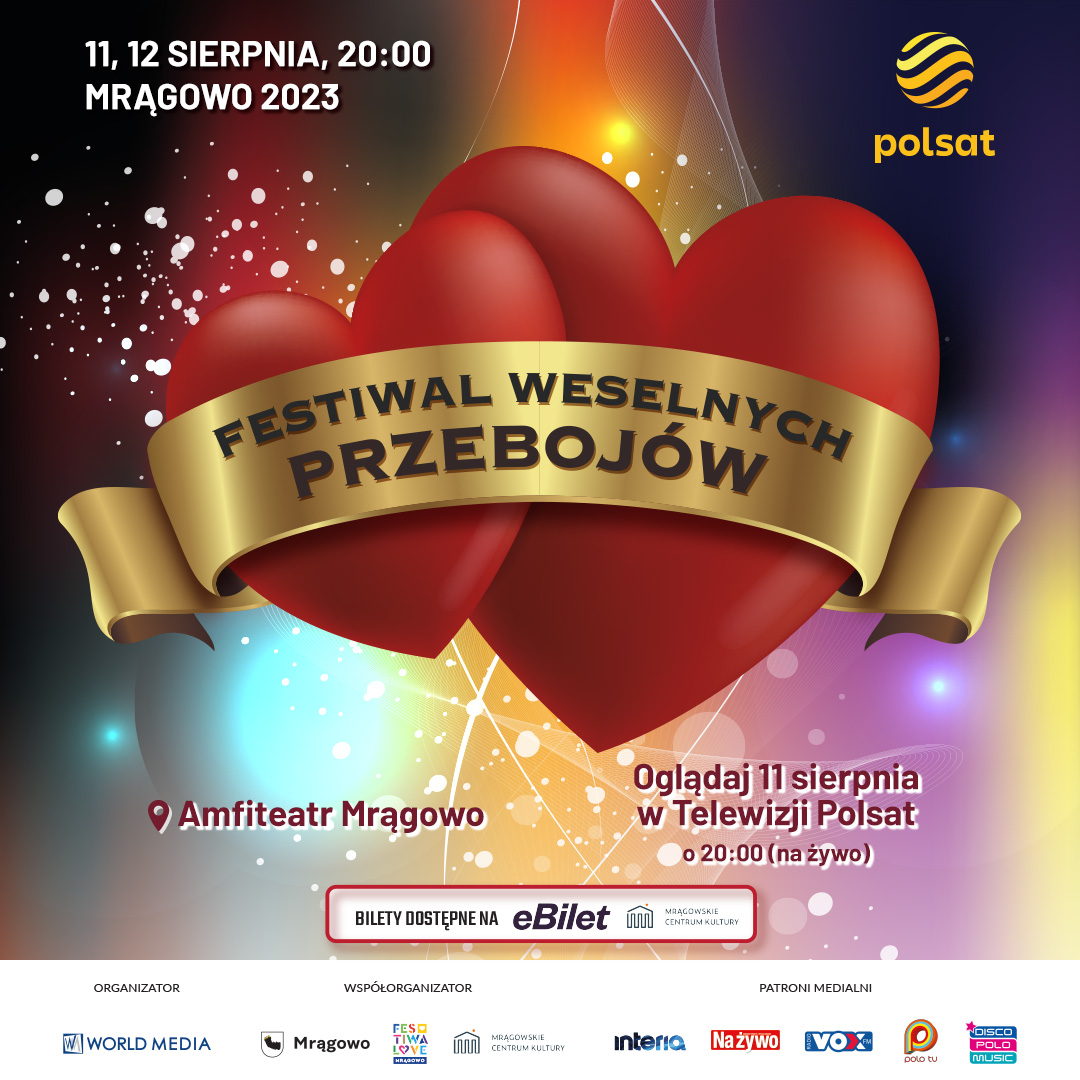 Plakat zapraszający w dniach 11-12 sierpnia 2023 r. do Mrągowa na cykliczną imprezę Festiwal Weselnych Przebojów Mrągowo 2023.