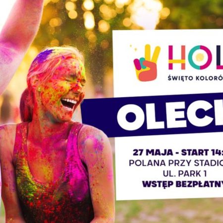 Plakat zapraszający w sobotę 27 maja 2023 r. do Olecka na Holi Święto Kolorów Olecko 2023.