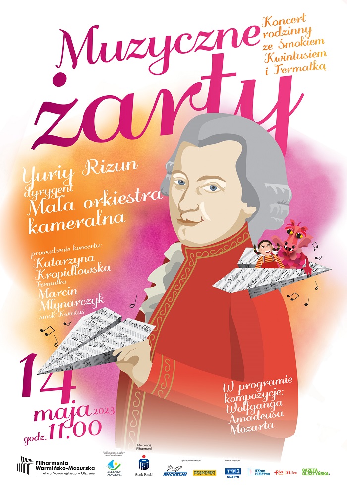 Plakat zapraszający w niedzielę 14 maja 2023 r. do Olsztyna na koncert rodzinny ze Smokiem Kwintusiem i Fermatką – MUZYCZNE ŻARTY Filharmonia Olsztyn 2023.