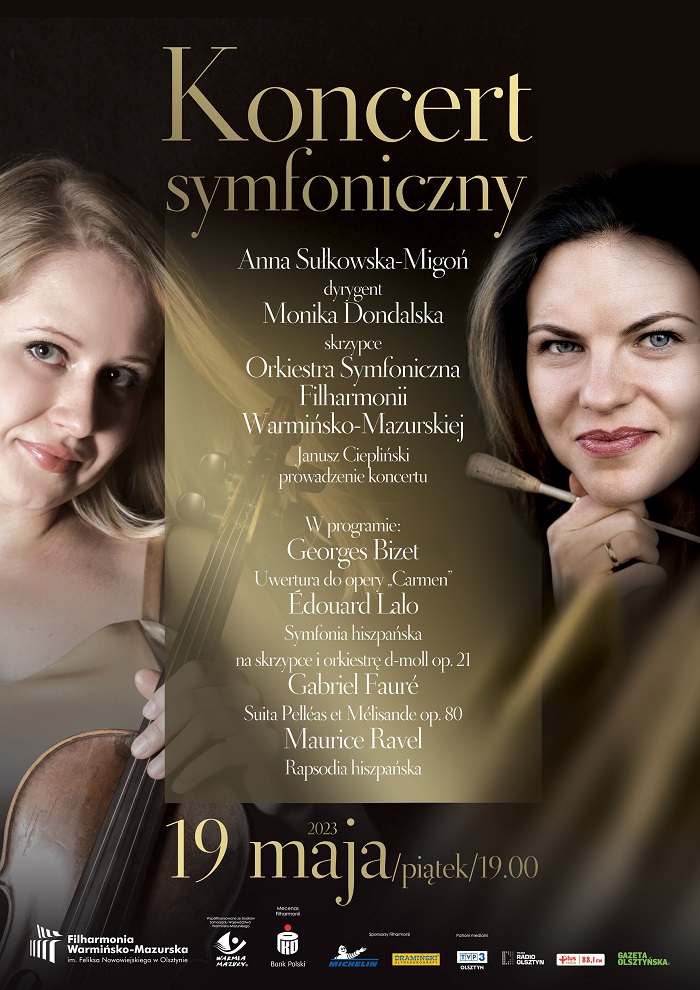 Plakat zapraszający w piątek 19 maja 2023 r. do Olsztyna na Koncert symfoniczny Filharmonia Olsztyn 2023. 
