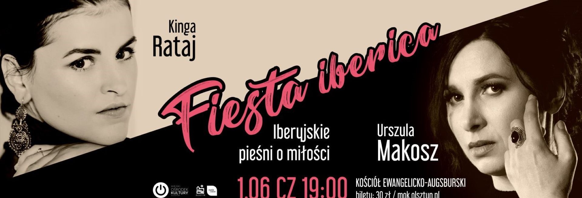 Plakat zapraszający w czwartek 1 czerwca 2023 r. do Olsztyna na Koncert Urszula MAKOSZ & Kinga RATAJ "Fiesta iberica" Olsztyn 2023.