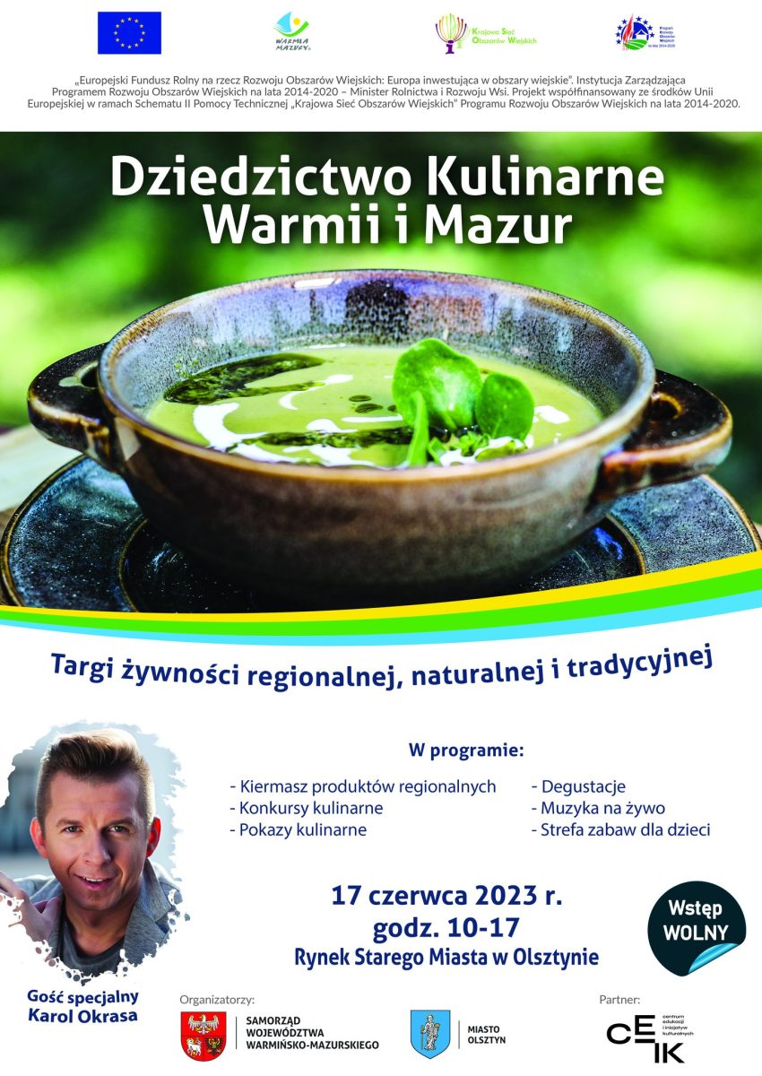 Plakat zapraszający w sobotę 17 czerwca 2023 r. do Olsztyna na Targi Żywności Regionalnej, Naturalnej i Tradycyjnej Olsztyn 2023.