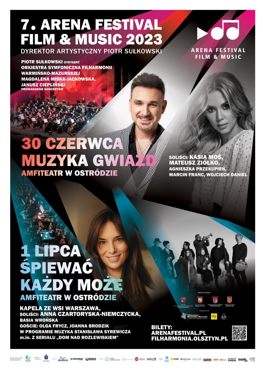 Plakat zapraszający do Ostródy na 7.edycję Arena Festival film & music Ostróda 2023.