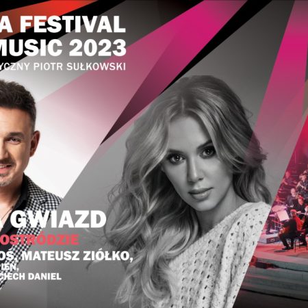 Plakat zapraszający w piątek 30 czerwca 2023 r. do Ostródy na 7.edycję Arena Festival film & music – „Muzyka gwiazd” Ostróda 2023.