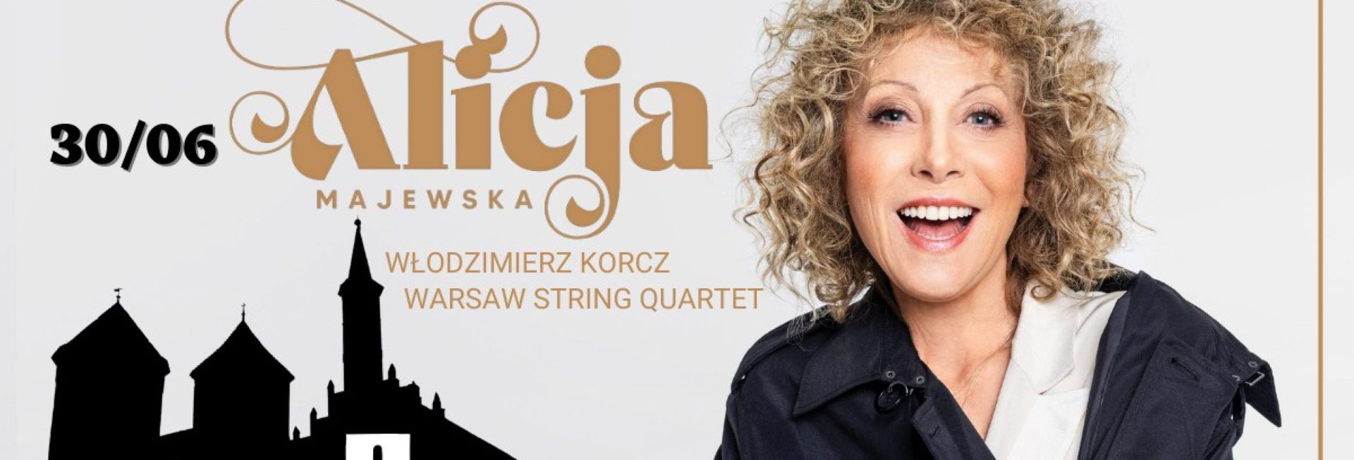 Plakat zapraszający w piątek 30 czerwca 2023 r. do Reszla na Koncert Alicja Majewska & W.Korcz i Warsaw String Quartet "Koneserzy kolejnego dnia" Zamek Reszel 2023.