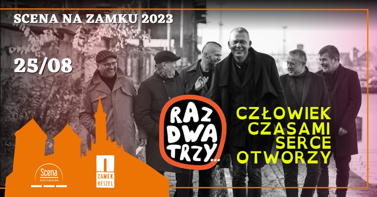 Plakat zapraszający w piątek 25 sierpnia 2023 r. do Reszla na koncert zespołu Raz Dwa Trzy "Człowiek czasami serce otworzy" Zamek Reszel 2023.