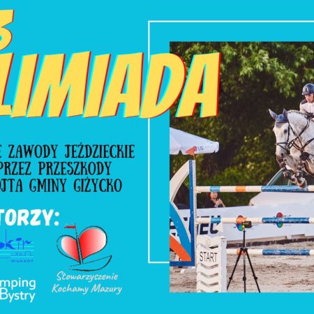 Plakat zapraszający w niedzielę 18 czerwca 2023 r. do miejscowości Sulimy koło Giżycka na 4. edycję Towarzyskich Zawodów Jeździeckich w Skokach przez Przeszkody SULIMIADA Sulimy 2023.