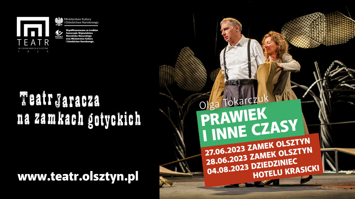 Plakat zapraszający do Teatru Jaracza w Olsztynie na spektakl teatralny "Prawiek i inne czasy". 
