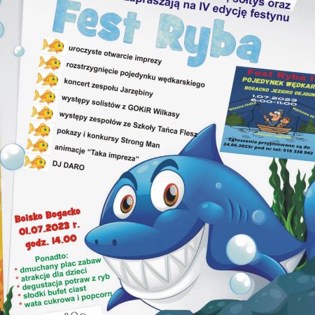 Plakat zapraszający w sobotę 1 lipca 2023 r. do miejscowości Bogacko położonej w gminie Giżycko na 4. edycję Pikniku Rodzinnego FEST RYBA Bogacko 2023.