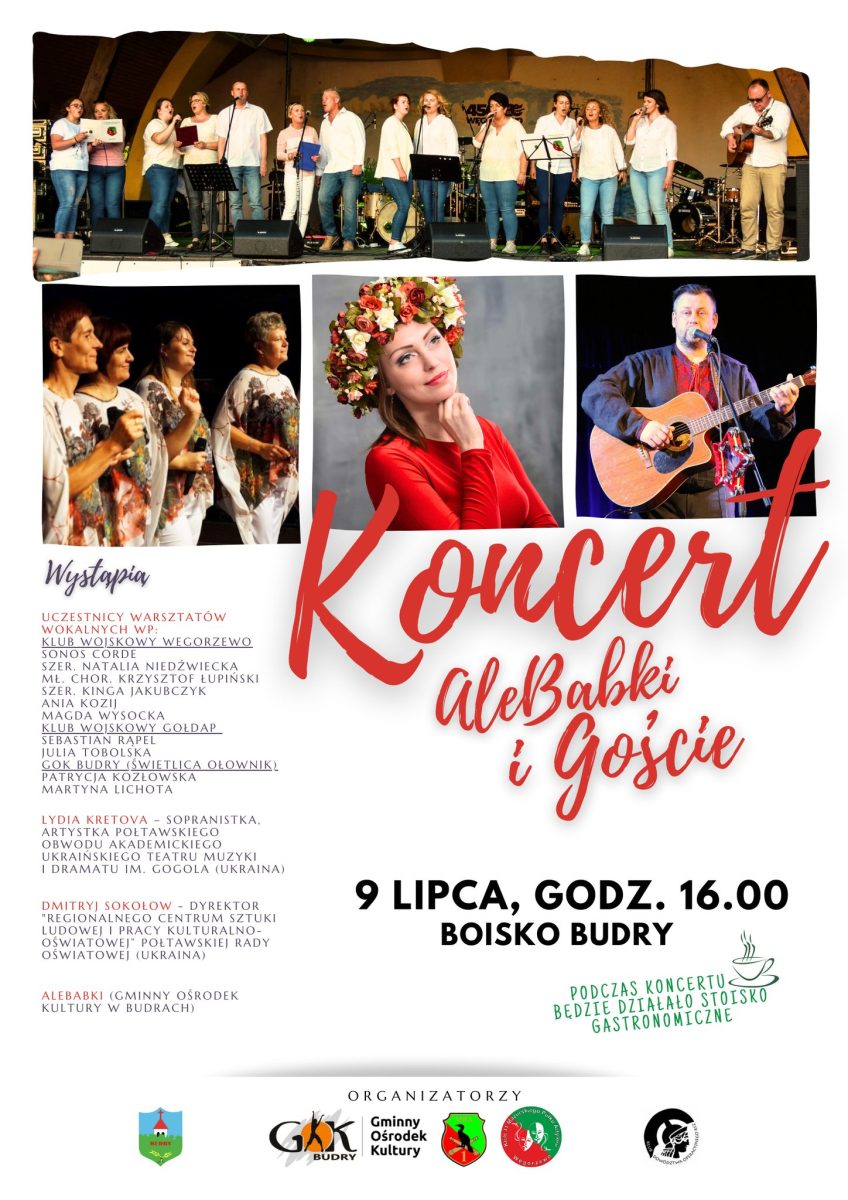 Plakat zapraszający w niedzielę 9 lipca 2023 r. do miejscowości Budry w powiecie węgorzewskim na koncert artystyczny ALEBABKI I GOŚCIE Budry 2023.