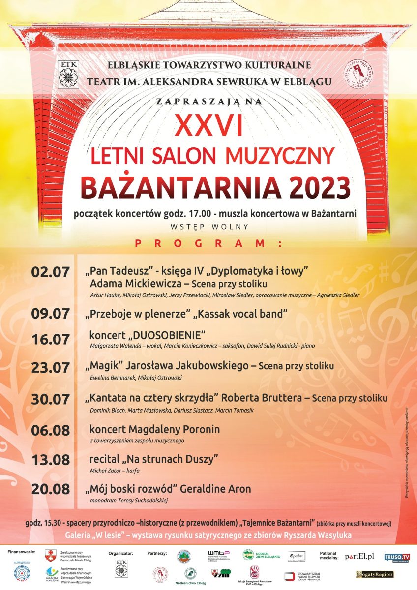 Plakat zapraszający do Elbląga na 26. edycję Letniego Salonu Muzycznego "Bażantarnia" Elbląg 2023.
