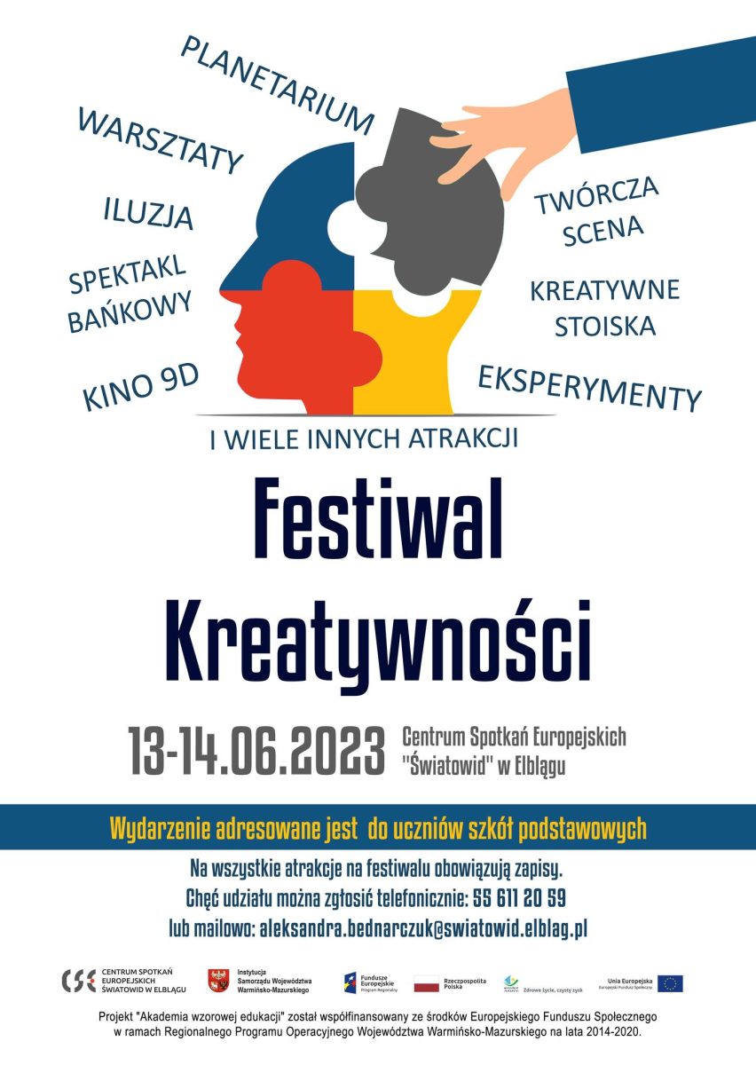 Plakat zapraszający w dniach 13-14 czerwca 2023 r. do Elbląga na Festiwal Kreatywności Elbląg 2023.
