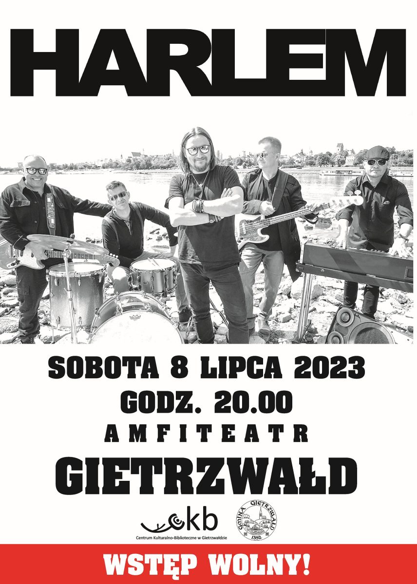 Plakat zapraszający do Gietrzwałdu w sobotę 8 lipca 2023 r. na koncert zespołu HARLEM Gietrzwałd 2023.