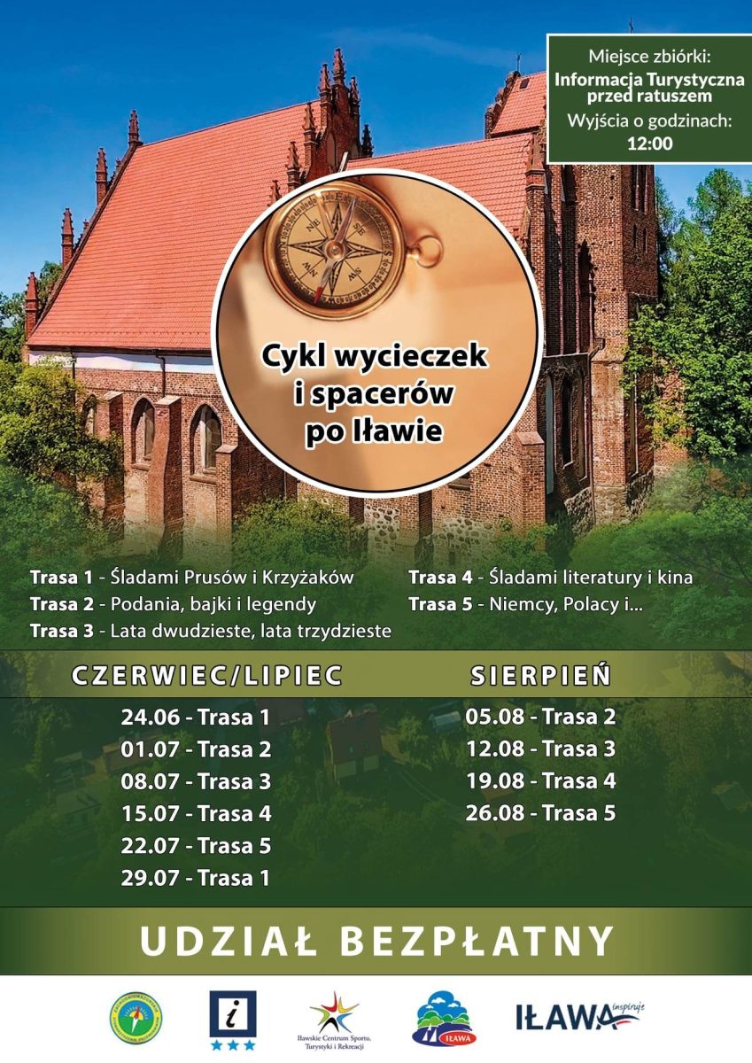 Plakat zapraszający do Iławy na wycieczkę - zwiedzanie z przewodnikiem "Cykl wycieczek i spacerów po Iławie" 2023. Kalendarium wycieczek w roku 2023.