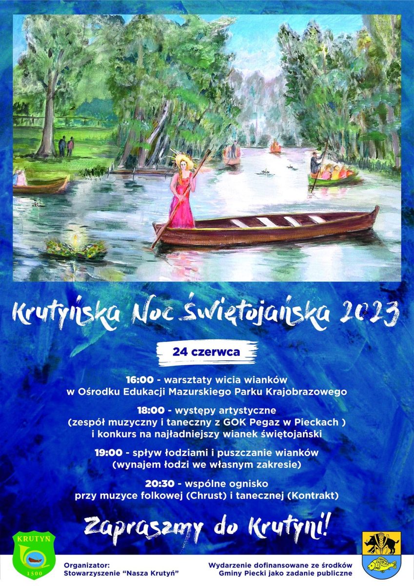 Plakat zapraszający w sobotę 24 czerwca 2023 r. do Krutyni na Krutyńską Noc Świętojańską Krutyń - Mazurski Park Krajobrazowy 2023.