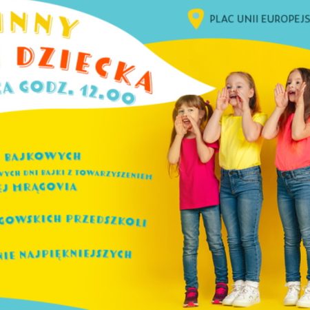 Plakat zapraszający w sobotę 3 czerwca 2023 r. do Mrągowa na festyn - Rodzinny Dzień Dziecka Mrągowo 2023. 