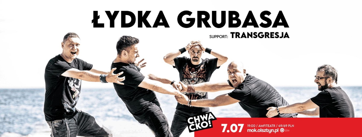 Plakat zapraszający w piątek 7 lipca 2023 r. do Olsztyna na koncert Łydka Grubasa Olsztyn 2023. 
