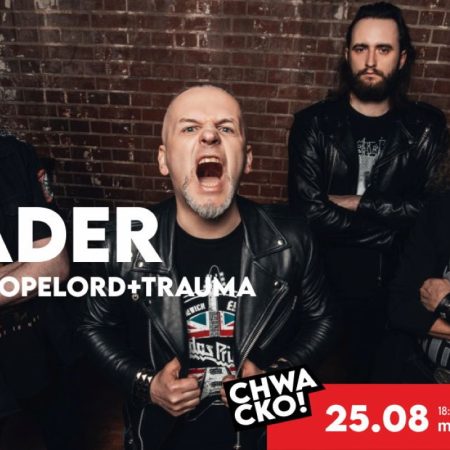 Plakat zapraszający w piątek 25 sierpnia 2023 r. do Olsztyna na koncert Vader + Dopelord + Trauma w Olsztynie - 40 lat Apokalipsy Olsztyn 2023.