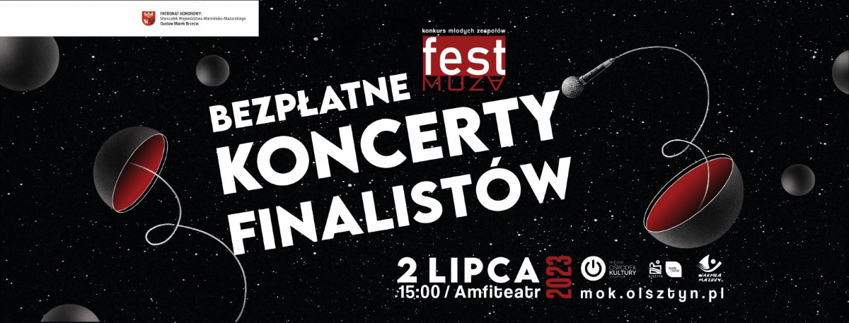 Plakat zapraszający w niedzielę 2 lipca 2023 r. do Olsztyna na Koncerty Finalistów FEST MUZA Olsztyn 2023.