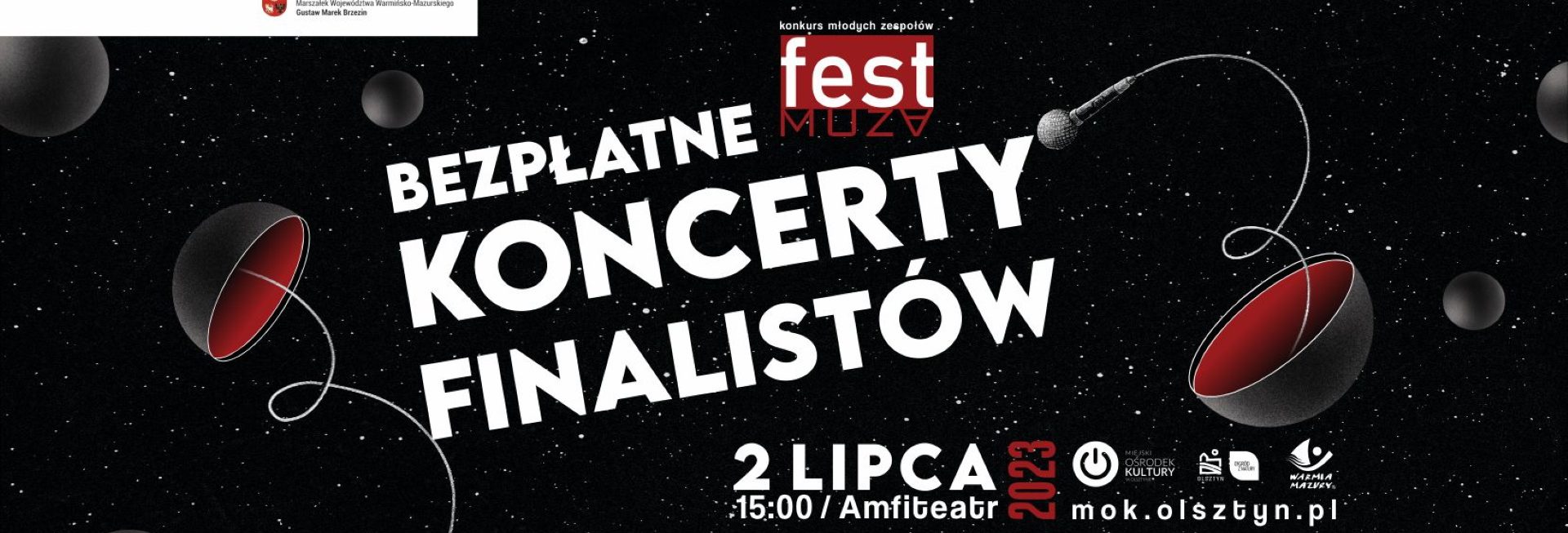 Plakat zapraszający w niedzielę 2 lipca 2023 r. do Olsztyna na Koncerty Finalistów FEST MUZA Olsztyn 2023.