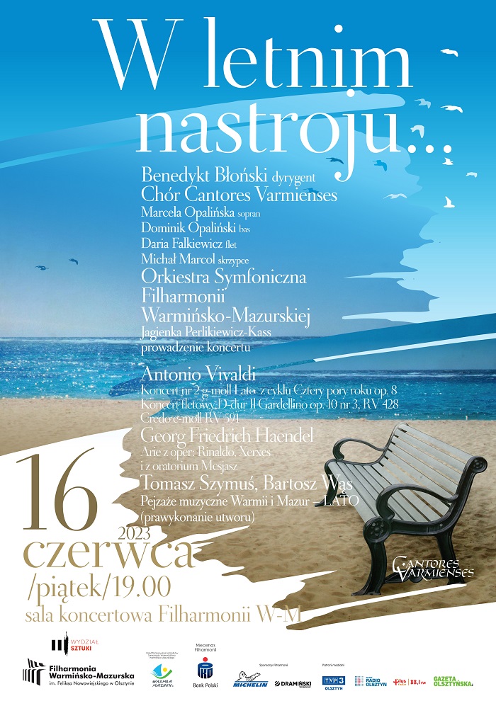 Plakat zapraszający w piątek 16 czerwca 2023 r. do Olsztyna na koncert "W letnim nastroju…" Filharmonia Olsztyn 2023.