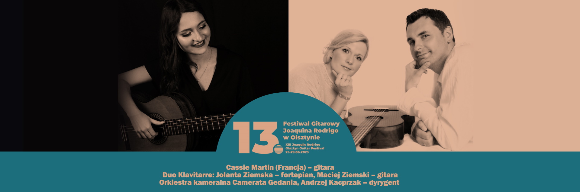 Plakat zapraszający w niedzielę 25 czerwca 2023 r. do Olsztyna na koncert inaugurujący XIII Festiwalu Gitarowego Joaquína Rodrigo Olsztyn 2023.