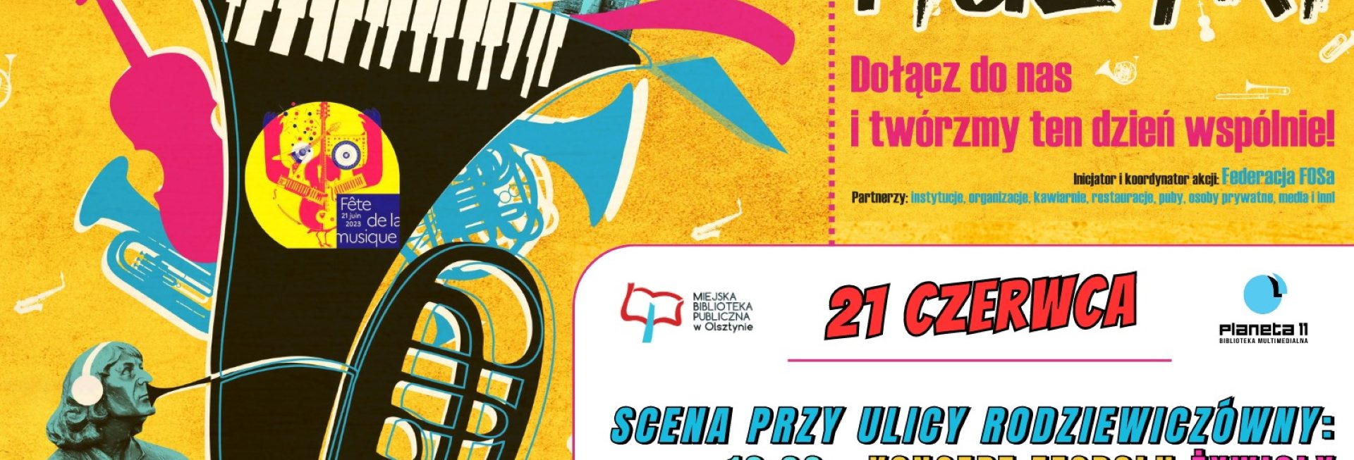 Plakat zapraszający w środę 21 czerwca 2023 r. do Olsztyna na Święto Muzyki - Fête de la musique - Olsztyn 2023.