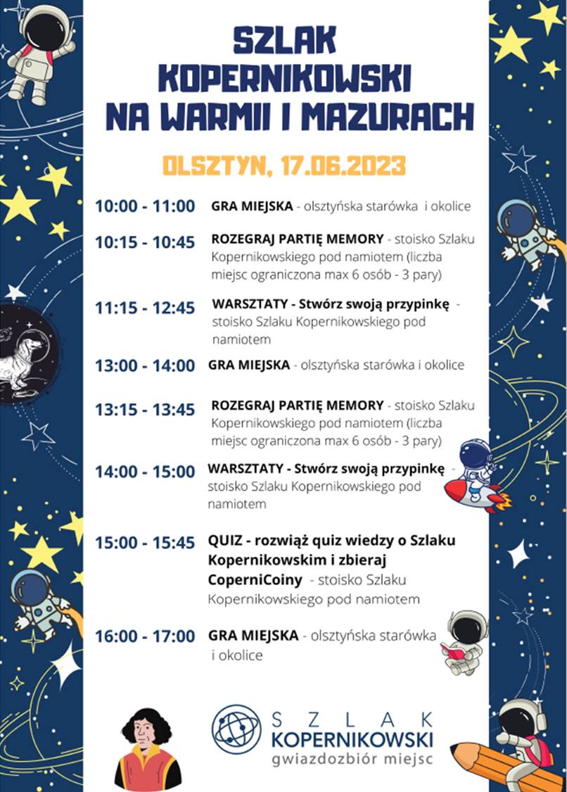 Plakat zapraszający w sobotę 17 czerwca 2023 r. do Olsztyna na Szlak Kopernikowski na Warmii i Mazurach - Gra Miejska Olsztyn 2023.