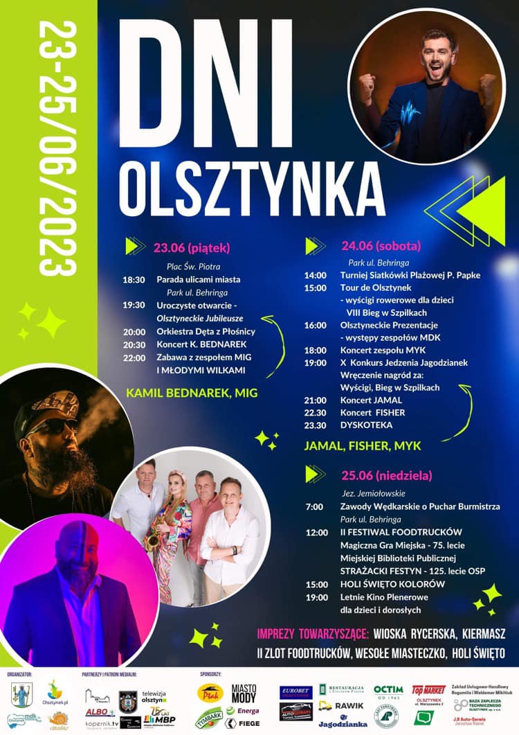 Plakat zapraszający w dniach 23-25 czerwca 2023 r. do Olsztynka na coroczną imprezę Dni Olsztynka 2023. 