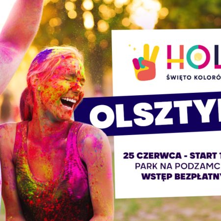 Plakat zapraszający w niedzielę 25 czerwca 2023 r. do Olsztynka na Holi Święto Kolorów Olsztynek 2023.