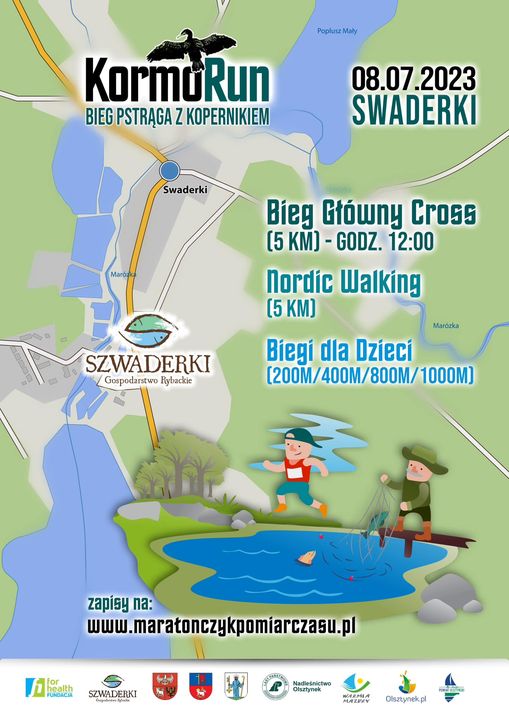 Plakat zapraszający w sobotę 8 lipca 2023 r. do miejscowości Swaderki w gminie Olsztynek na KormoRun Bieg Pstrąga z Kopernikiem Swaderki 2023.