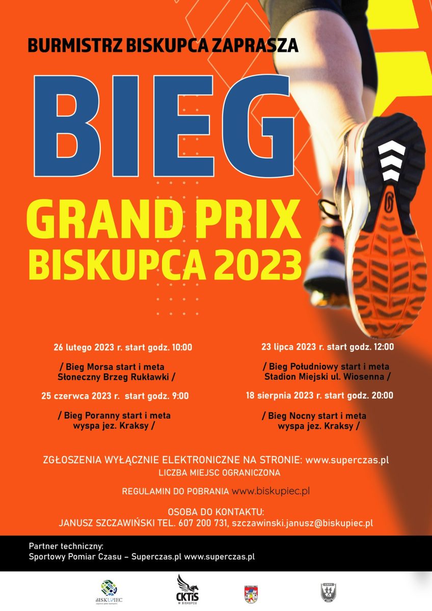 Plakat zapraszający do Biskupca na kolejną edycję Biegu Grand Prix Biskupca 2023.
