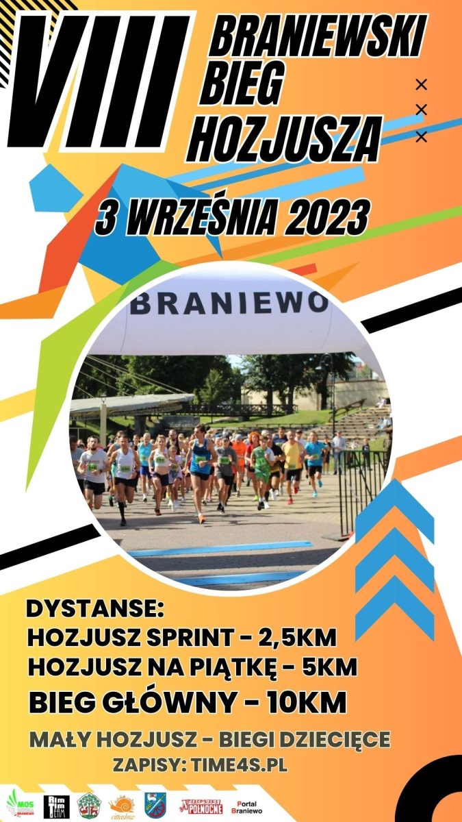 Plakat zapraszający w niedzielę 3 września 2023 r. do Braniewa na 8. edycję Braniewskiego Biegu Hozjusza Braniewo 2023.