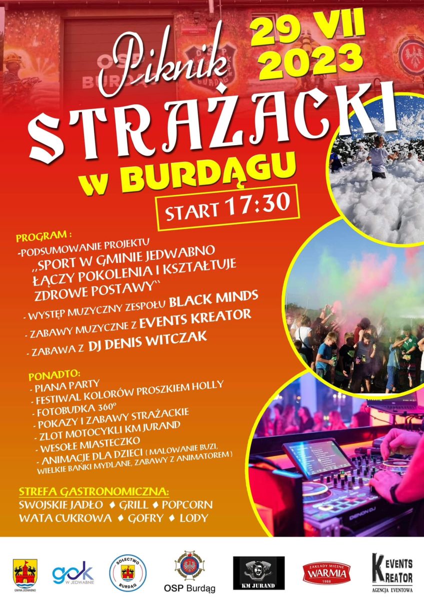 Plakat zapraszający w sobotę 29 lipca 2023 r. do miejscowości Burdąg w gminie Jedwabno na Piknik Strażacki BURDĄG 2023.