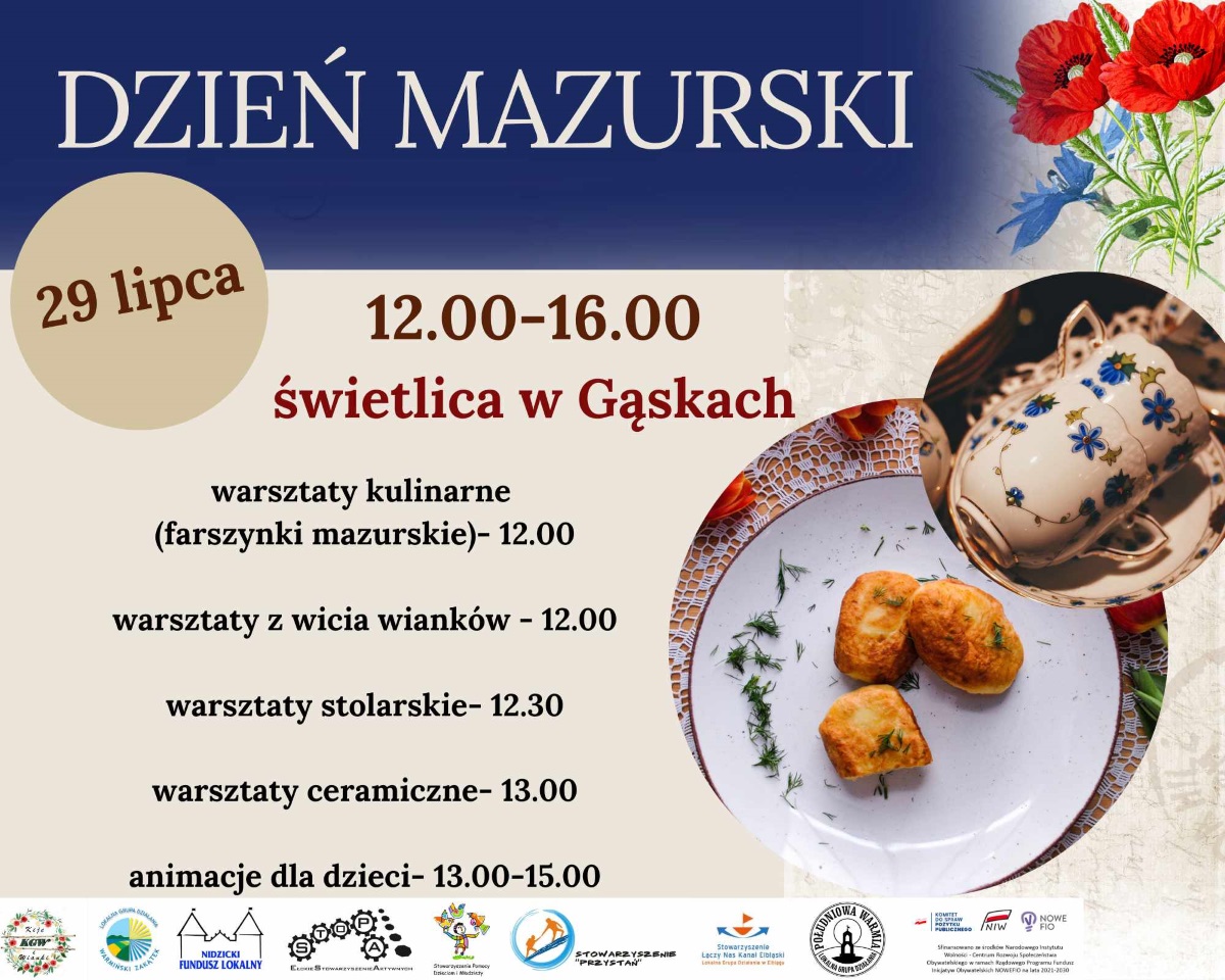 Plakat zapraszający w sobotę 29 lipca 2023 r. do miejscowości Gąski w gminie Olecko na Inscenizację Wesela Mazurskiego Gąski 2023.