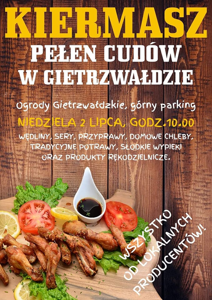 Plakat zapraszający w niedzielę 2 lipca do Gietrzwałdu na Kiermasz Pełen Cudów Gietrzwałd 2023.