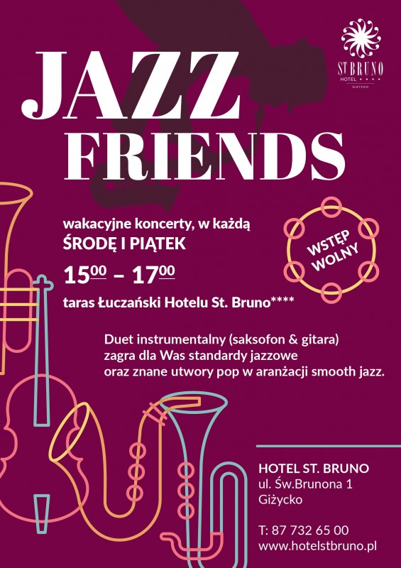 Plakat zapraszający w wakacyjne środy i piątki do Giżycka na Koncert Jazzowy Jazz Friends Giżycko 2023.
