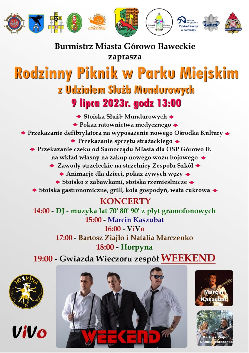 Plakat zapraszający w niedzielę 9 lipca 2023 r. do Górowa Iławeckiego na Rodzinny Piknik w Parku Miejskim Górowo Iławeckie 2023.