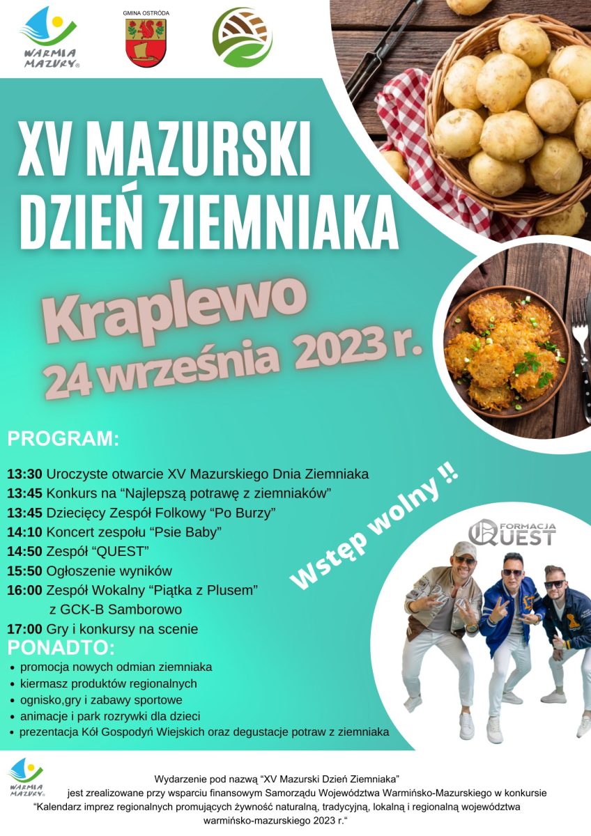 Plakat zapraszający w niedzielę 24 września 2023 r. do miejscowości Kraplewo w gminie Ostróda na Mazurski Dzień Ziemniaka Kraplewo 2023.