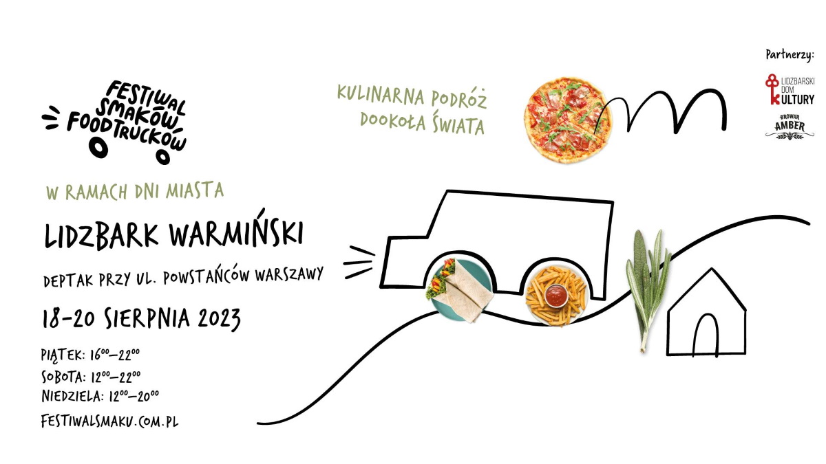 Plakat zapraszający w dniach 18-20 sierpnia 2023 r. do Lidzbarka Warmińskiego na 3. edycję Festiwalu Smaków Food Trucków Lidzbark Warmiński 2023.
