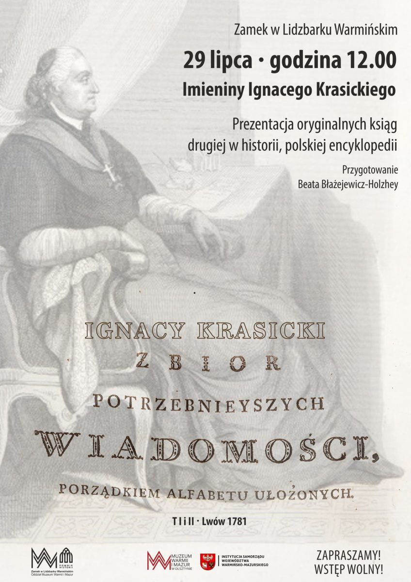 Plakat zapraszający w sobotę 29 lipca 2023 r. do Lidzbarka Warmińskiego na Imieniny Ignacego Krasickiego - Zamek Lidzbark Warmiński 2023. 