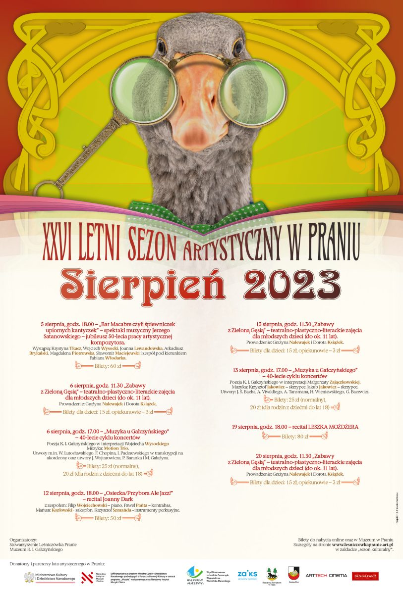 Plakat zapraszający do Leśniczówki Pranie na letni sezon artystyczny w Praniu - kalendarium sierpień Leśniczówka Pranie 2023.