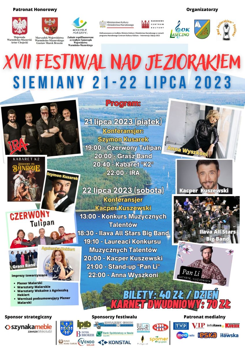 Plakat zapraszający w dniach 21-22 lipca 2023 r. na 17. edycję Festiwalu Nad Jeziorakiem Siemiany 2023.