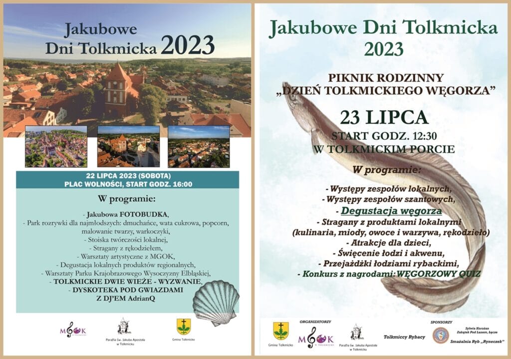 Plakat zapraszający w dniach 22-23 lipca 2023 r. do Tolkmicka na Jakubowe Dni Tolkmicka 2023.