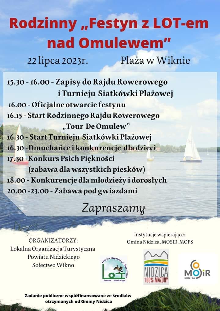 Plakat zapraszający w sobotę 22 lipca 2023 r. do miejscowości Wikno w gminie Nidzica na Rodzinny "Festyn z LOT-em nad Omulewem" Wikno 2023. 