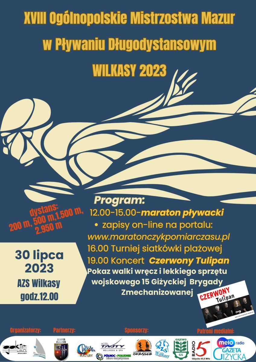 Plakat zapraszający w niedzielę 30 lipca 2023 r. do Wilkas na 18. edycję Ogólnopolskich Mistrzostw Mazur w Pływaniu Długodystansowym Wilkasy 2023.