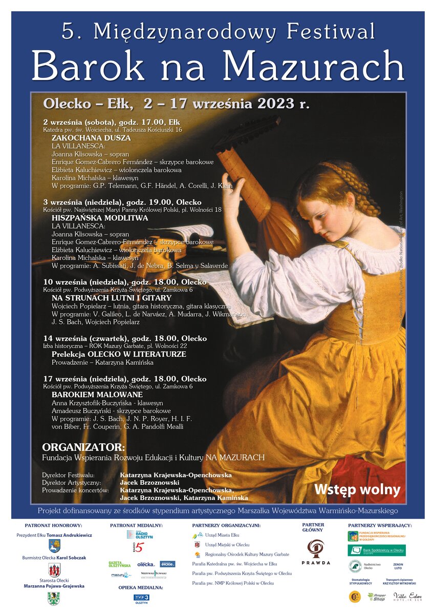 Plakat zapraszający na 5. edycję Międzynarodowego Festiwalu Barok Na Mazurach 2023. 