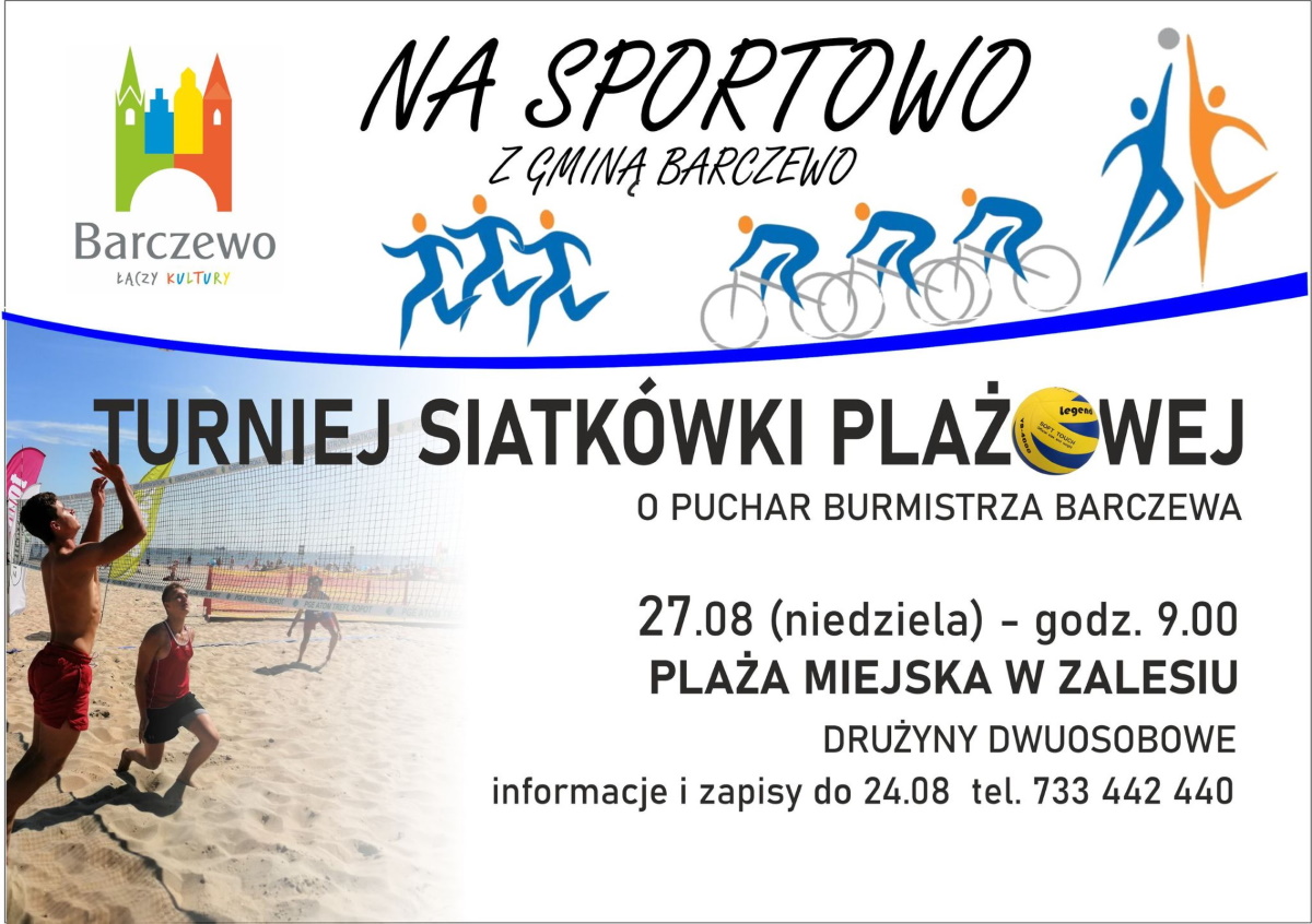 Plakat zapraszający w niedzielę 27 sierpnia 2023 r. do Zalesia na Turniej Siatkówki Plażowej Barczewo 2023. 